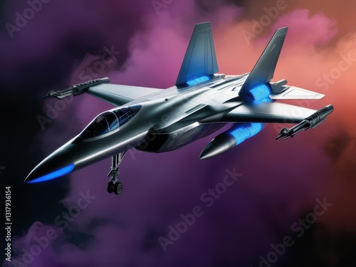Phantom of the Skies: A state-of-the-art, sleek fighter jet cuts through the swirling, atmospheric embrace of a dramatic sunset sky.