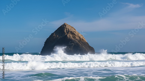 A mighty rock in the middle of the raging ocean against the blue sky.