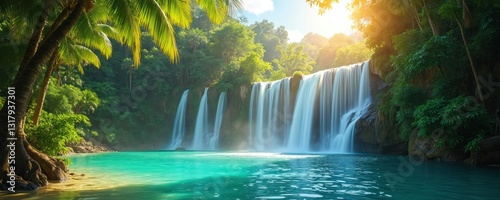 Turquoise water lagoon, tropical waterfall on sunny day. Nature landscape scenery with palm trees, green jungle forest. Exotic summer travel vacation to paradise island, clear sky, sunbeam backdrop. © Vadym