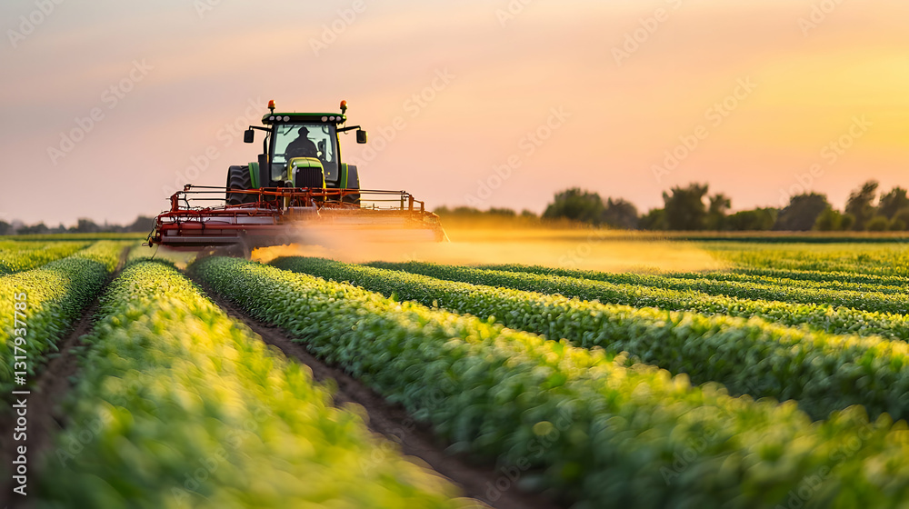 Red Tractor Spraying Crops In Green Field During Golden Hour Sunset In Rural Farmland Red Tractor Spraying Crops In Green Field During Golden Hour Sunset In Rural Farmland