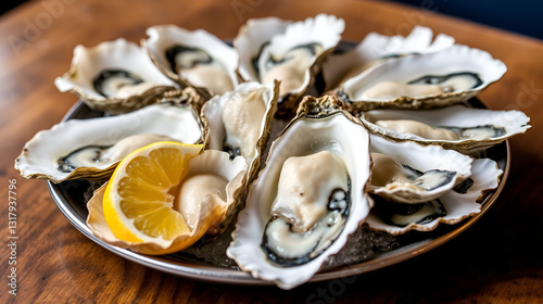 Freshly shucked raw oysters served on a plate with a citrus garnish