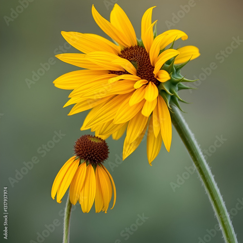 sunflower leaning towards a smaller drooping flower