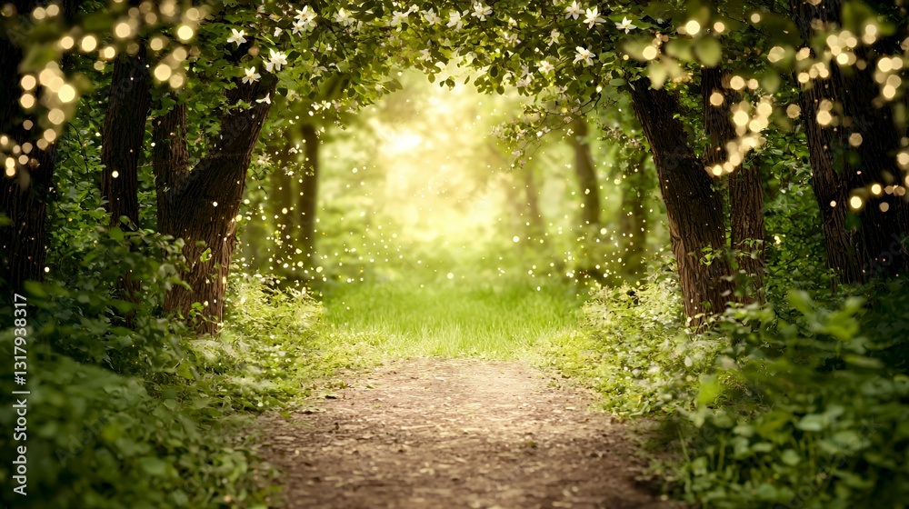 Fototapeta premium Enchanted Forest Path: Sunlit Green Trees and Magical Sparkles