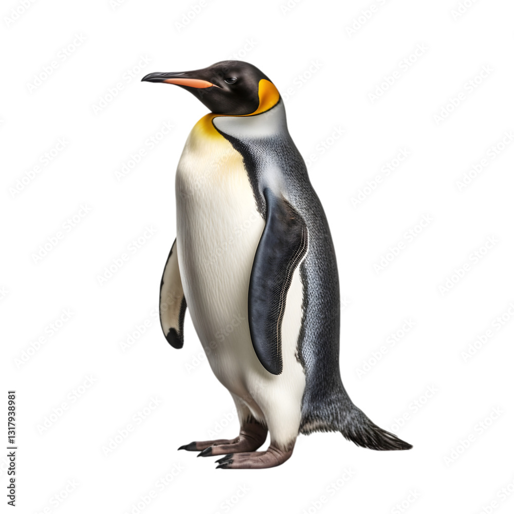 Obraz premium A side view of a king penguin standing confidently, showcasing its distinctive black, white, and orange plumage, ideal for wildlife and animal photography.