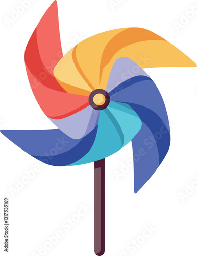 Colorful pinwheel spinning in a gentle breeze, showcasing vibrant hues in a flat design style, perfect for playful vector art