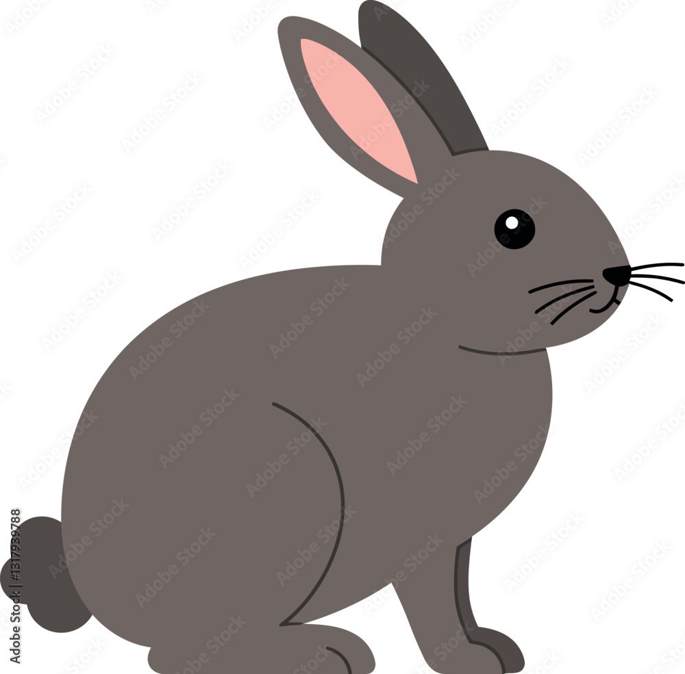 Fototapeta premium Cute grey rabbit sitting in a playful pose with large ears, featuring a flat design style in vector illustration