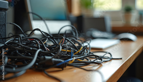 Mess of tangled black computer cables, cords on desk illustrates common problem cable management in modern workspaces. Clutter on desktop. Organization challenges, tech chaos, wires connected to