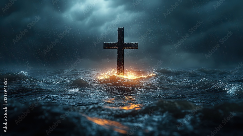 Fototapeta premium cross in the ocean with stormy sky background