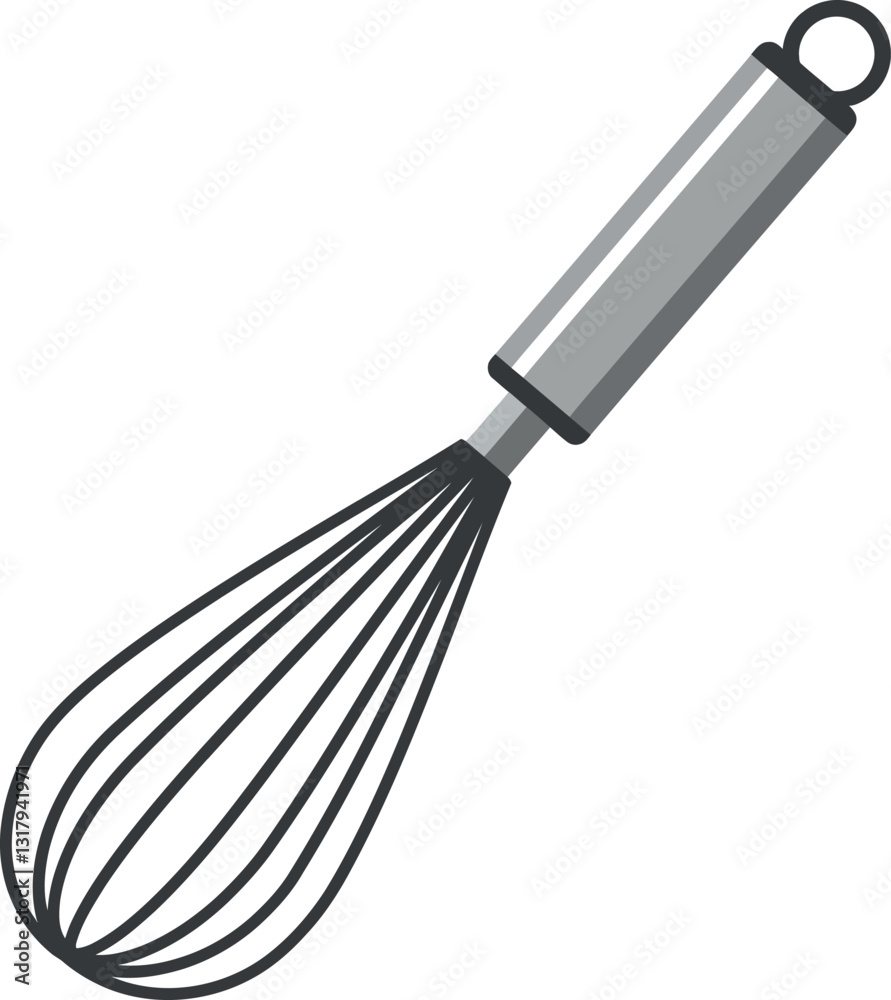 Fototapeta premium Kitchen whisk in a sleek, minimal design showcasing a shiny metal handle and delicate wire loops perfect for mixing, blending, and whipping in vector art