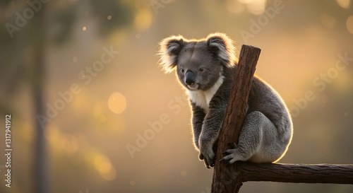 A close-up of a cute koala sitting on a tree branch, surrounded by a lush forest with a soft bokeh background and golden morning sunlight filtering through the leaves