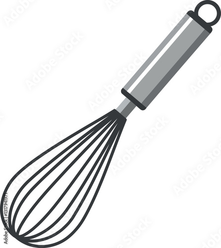 Kitchen whisk in a sleek, minimal design showcasing a shiny metal handle and delicate wire loops perfect for mixing, blending, and whipping in vector art