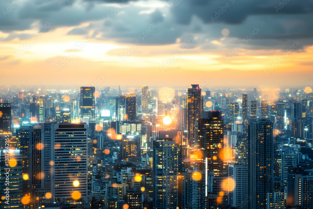 Obraz premium Stunning panoramic cityscape at sunset, glowing city lights, bokeh effect, modern architecture, urban landscape.