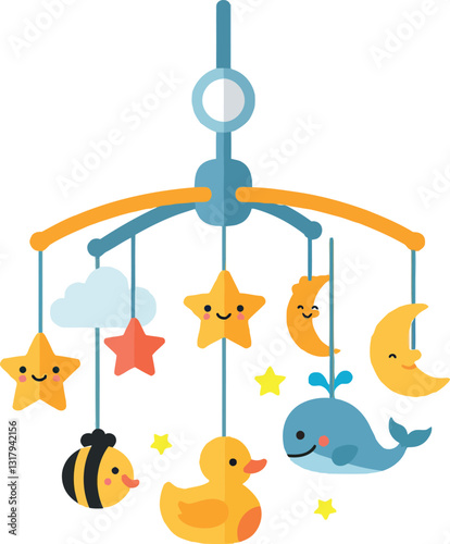 Cute mobile with smiling animals and celestial shapes in a flat design, featuring a whale, duck, bee, stars, and cloud, perfect for nursery decor, vector art