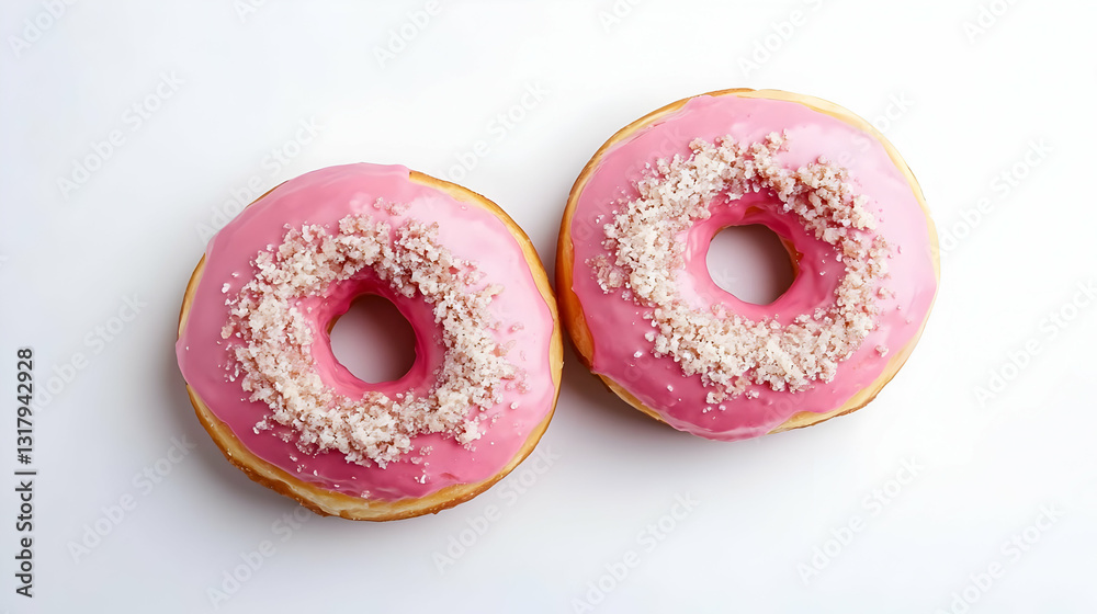 Two Pink Glazed Donuts With Coconut Sprinkles On A White Background In A Flat Lay Top View Two Pink Glazed Donuts With Coconut Sprinkles On A White Background In A Flat Lay Top View