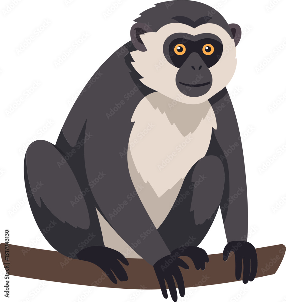 Obraz premium A playful monkey sitting on a branch with a curious expression in flat vector art style showcasing bold colors and simple shapes in a cheerful mood