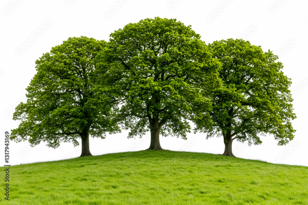 Three majestic oak trees stand on a lush green hill against a pristine white background, symbolizing nature's beauty and tranquility. Three majestic oak trees stand on a lush green hill against a pristine white background, symbolizing nature's beauty and tranquility.