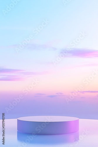 A podium floating in the sky with purple and pink gradients.