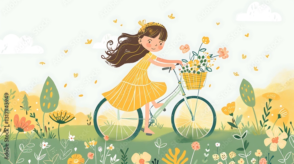 A playful illustration of a cute girl in a pastel yellow dress, riding her bicycle with a basket of flowers in front, designed in a simple flat color children book style, 8k UHD, suitable for A playful illustration of a cute girl in a pastel yellow dress, riding her bicycle with a basket of flowers in front, designed in a simple flat color children book style, 8k UHD, suitable for