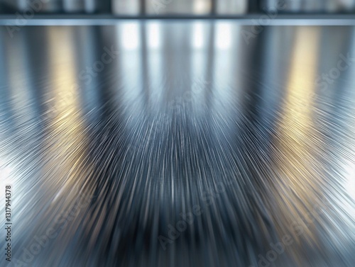 Industrial Chrome Background with Polished Grey Steel Plate Lines, Brightly Reflecting a Simple Glossy Design Against a Dark Solid Black Background
