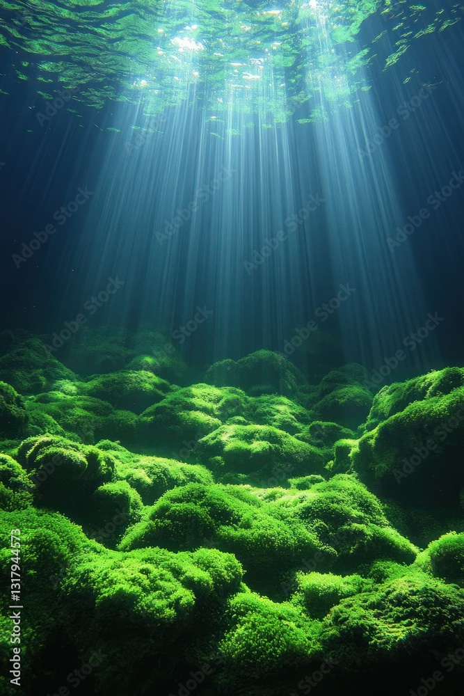 Fototapeta premium Underwater mossy landscape illuminated by sunlight