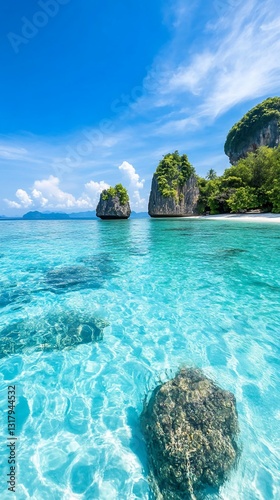 Tropical beach, clear water, island view, vacation