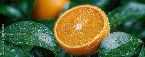 Vitamin-Rich Orange and Lime Fruit Juice Made Entirely from Fresh Orange, Lime, and Leaf, with a Clear Middle Bud of an Orange Tree in the Center.