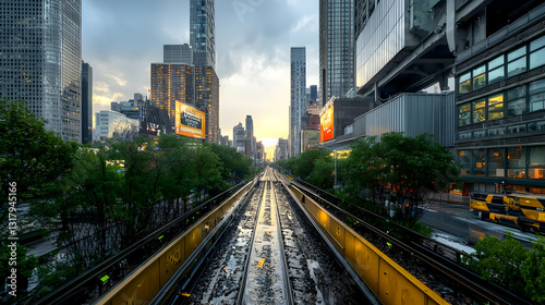 New York City Park Avenue at Sunset Featuring Wet Street and Yellow Center Dividers with Skyscrapers and Billboards in the Background