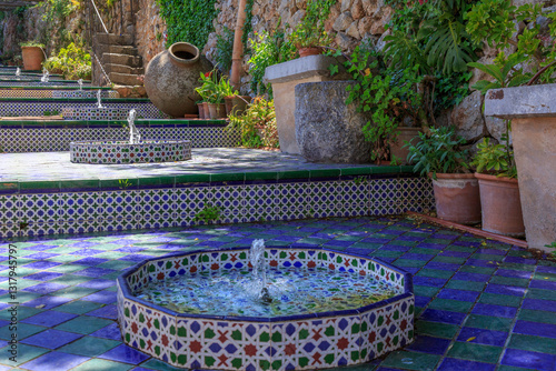 Obraz na płótnie Europe, Spain, Balearic Islands, Mallorca. Esporles. La Granja. Museum. Fountains with Moorish design. 2017-04-14 w salonie