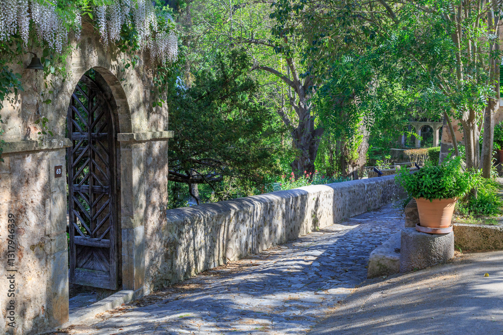 Europe, Spain, Balearic Islands, Mallorca. Esporles. La Granja. Museum. Grounds. Seating area. 2017-04-14