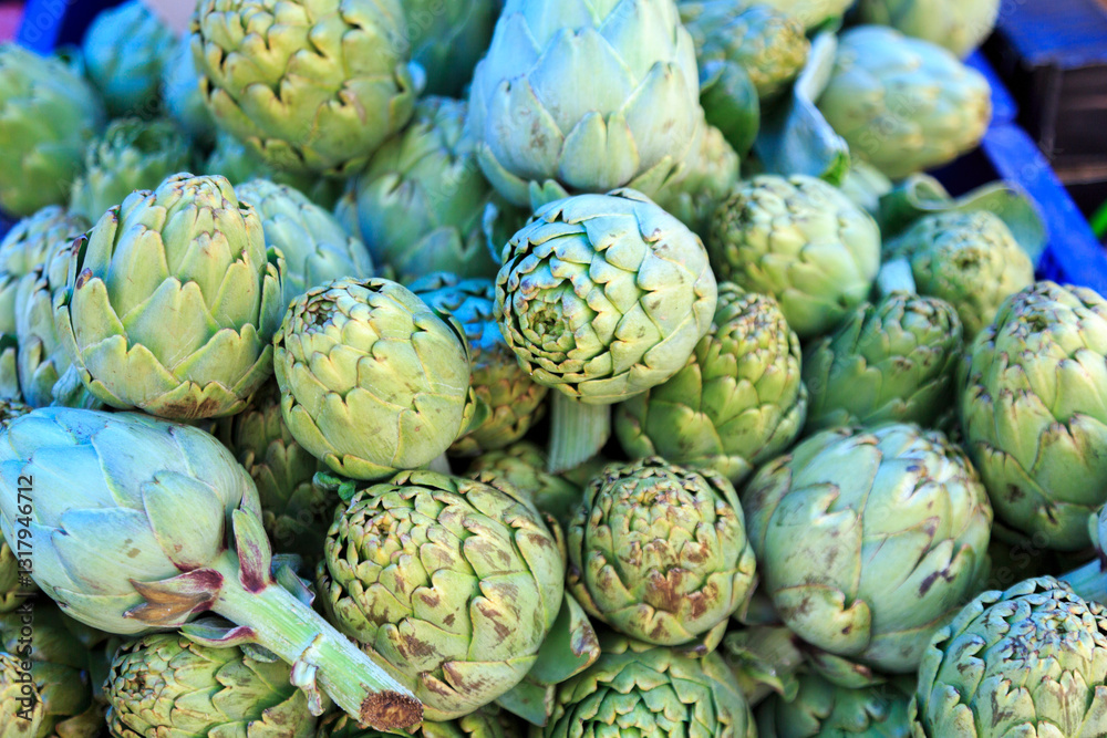 Europe, Spain, Balearic Islands, Mallorca. Street market artichokes.