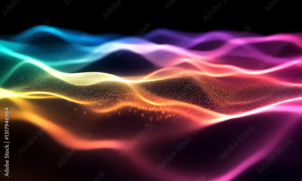 Abstract Glowing Colorful Wavy Particle Stream Against Black Background