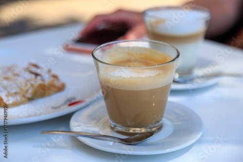 Obraz na płótnie Europe, Spain, Balearic Islands, Mallorca. Esporles. Cafe, Coffee Macchiato. w salonie