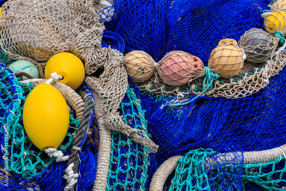 Europe, Spain, Balearic Islands, Mallorca, Santanyi, Cala Figuera . A small , colorful fishing harbor on S.E. corner of island. Fishing nets.