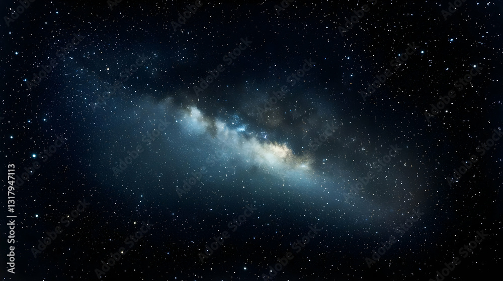 Fototapeta premium Panoramic View of a Starry Galaxy in Deep Blue Space with Shimmering Stars and Cosmic Nebulae