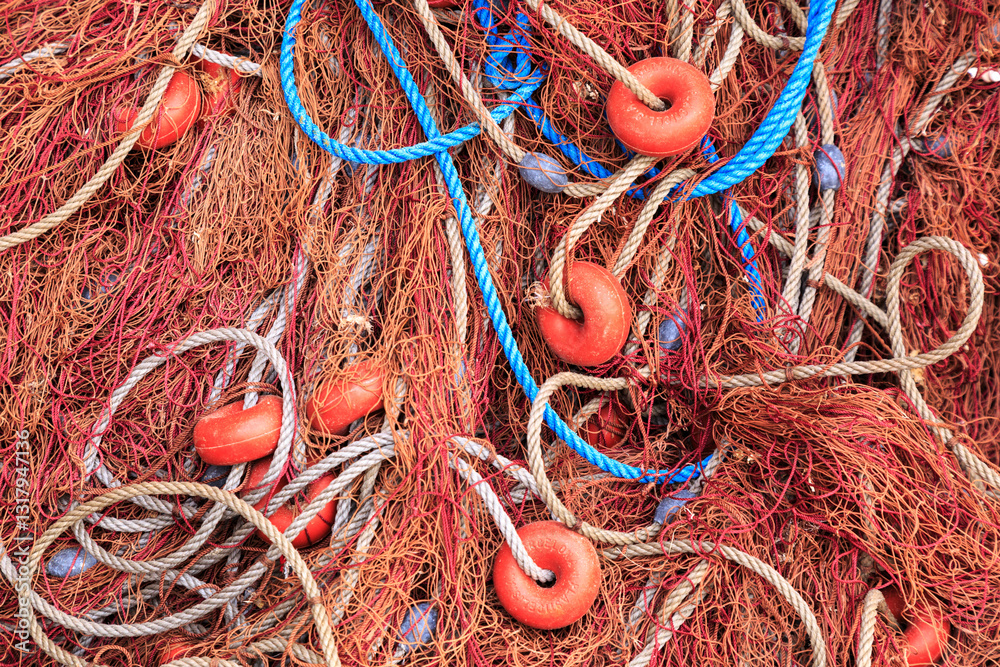 Europe, Spain, Balearic Islands, Mallorca, Santanyi, Cala Figuera . A small , colorful fishing harbor on S.E. corner of island. Fishing nets.