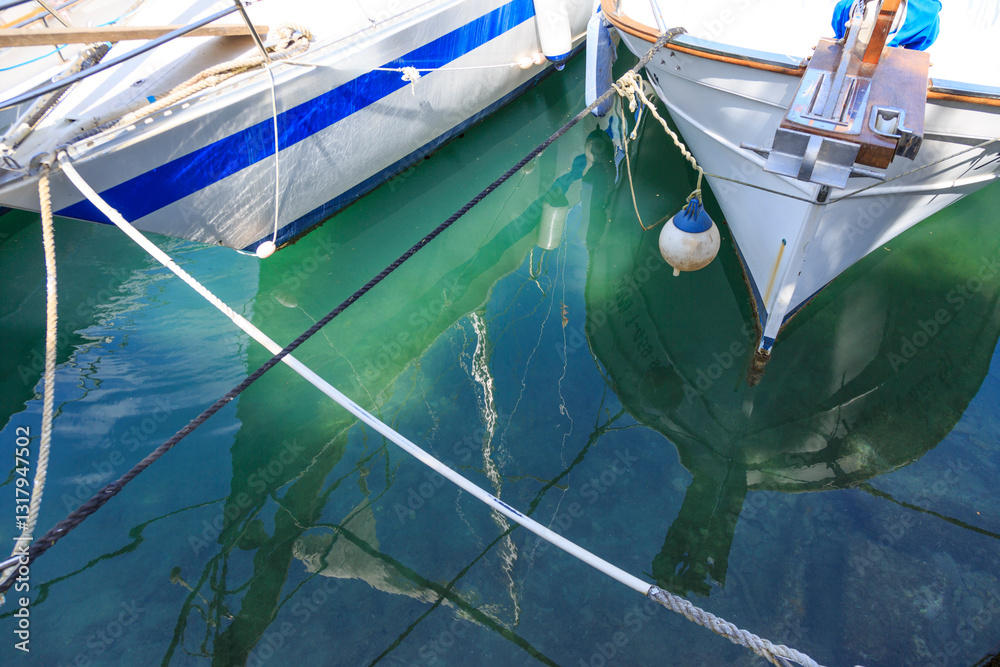 Europe, Spain, Balearic Islands, Mallorca, Santanyi, Cala Figuera . A small , colorful fishing harbor on S.E. corner of island. Sailboat anchoring.