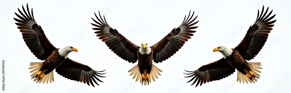 Fototapeta premium Set of three bald eagles isolated on white background. Majestic birds of prey in flight showcase wingspan, freedom, power. Avian predators soar, hunt in sky. Wildlife animal with sharp eye, feather,