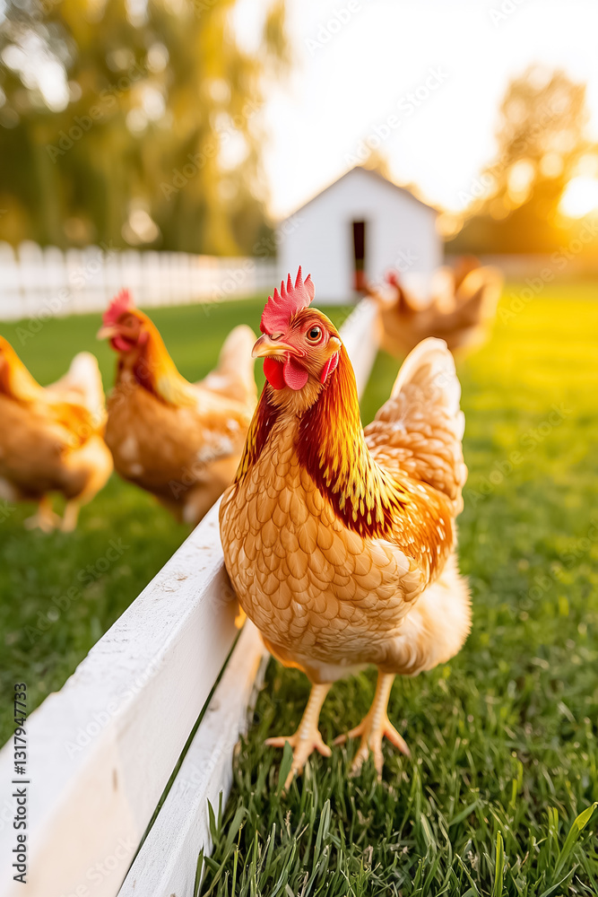 Fototapeta premium Chickens roam freely across a vibrant green yard, enjoying the fresh grass while a cozy coop sits quietly in the background under the warm glow of sunset