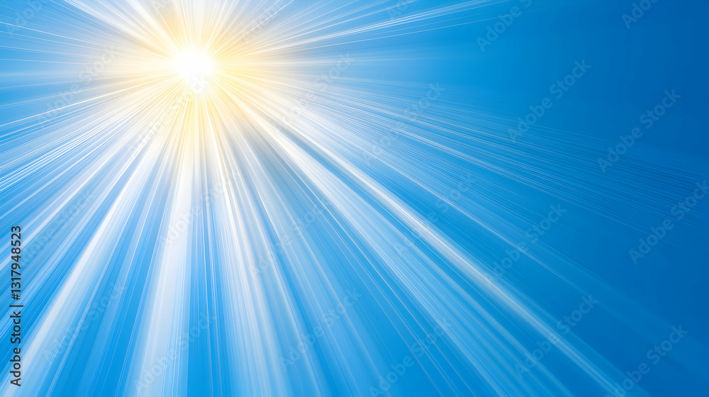Obraz premium Bright sun rays burst across a vibrant blue sky, creating a dynamic and energetic background ideal for various design projects.