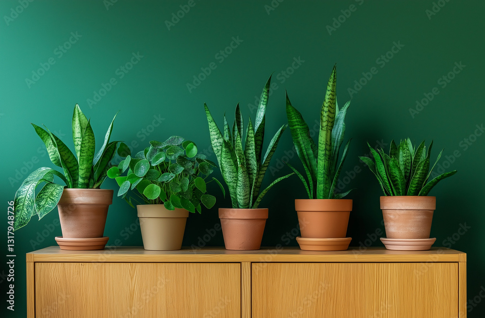 Obraz premium potted plants on a wooden sideboard against a green wall, home decor, green houseplants in pots, indoor garden, plant decorations, home interior design