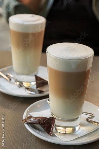 Europe, Spain, Balearic Islands, Mallorca. Palma. Cafe, Cappuccinos.