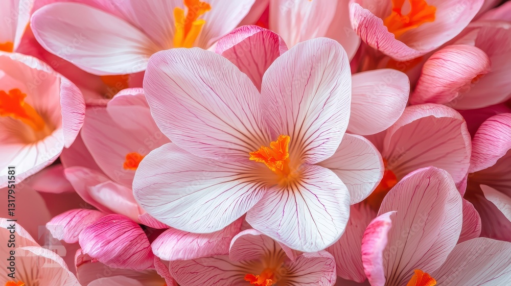 A vibrant cluster of pink flowers with orange centers, showcasing delicate petals and a lush, natural aesthetic. A vibrant cluster of pink flowers with orange centers, showcasing delicate petals and a lush, natural aesthetic.