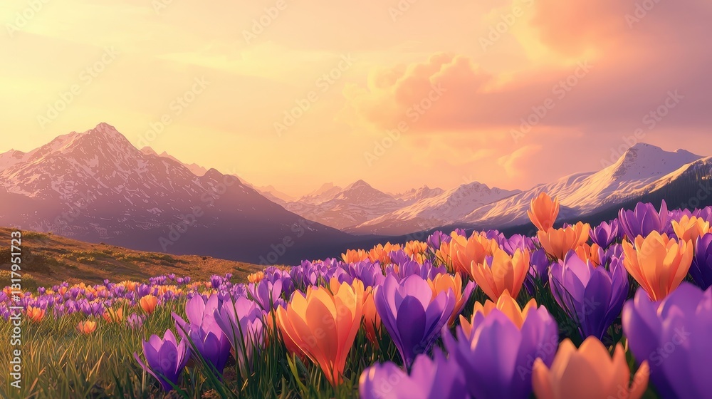Φωτογραφία A picturesque landscape featuring a vibrant field of crocuses in purple and orange hues, set against majestic mountains at sunset