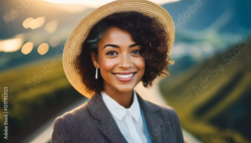Elegant Woman with Hat Posing Against Scenic Mountains at Sunset