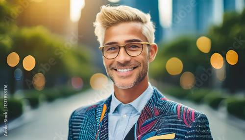 Stylish Man in Vibrant Jacket on City Street with Sunset Glow