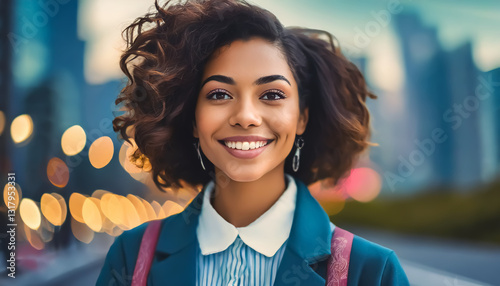 Confident Businesswoman with Afro Hairstyle in Urban Cityscape at Sunset