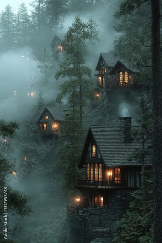 Misty mountain village with lit cabins