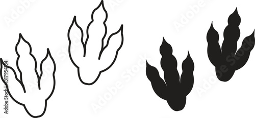Dinosaur tracks icon set. Dragon tracks foot print symbol silhouette black vector collection isolated on transparent background. Dino cute trail texture. Hand drawn paleontology dinosaur paw prints.