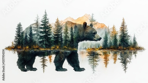double exposure bear and forest clipart watercolor art illustration detailed illustration