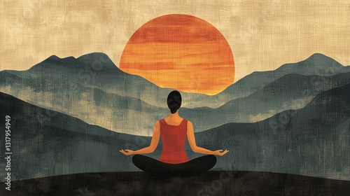 Person meditating in a serene landscape at sunrise or sunset with mountains in the background